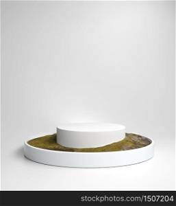 Minimal luxury white display podium blank for show products or cosmetics with grass and stone texture on the floor, 3d illustration