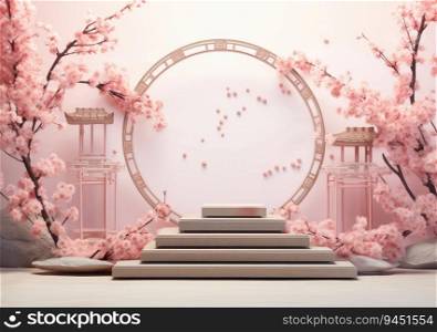 Minimal mockup background for product presentation. Pink podium and cherry blossom flower on pink background. AI Generative.