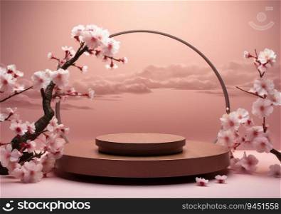 Minimal mockup background for product presentation. Pink podium and cherry blossom flower on pink background. AI Generative.