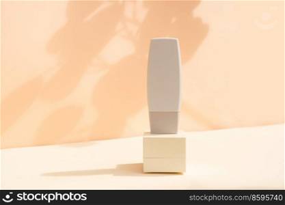 Minimal modern cosmetic product display on textured beige background with shadow overlay. Minimal product display