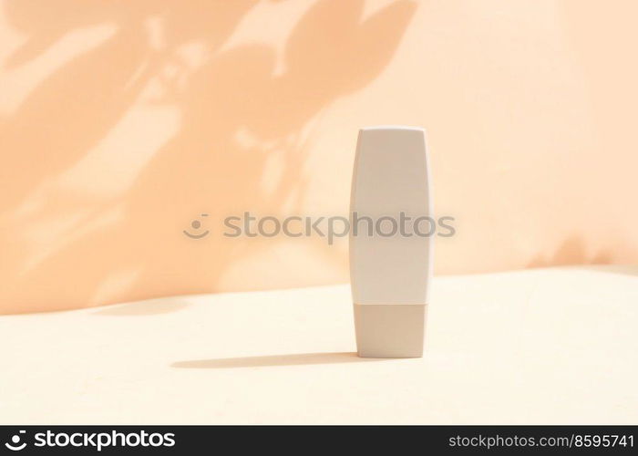 Minimal modern cosmetic product display on textured beige background with shadow overlay. Minimal product display