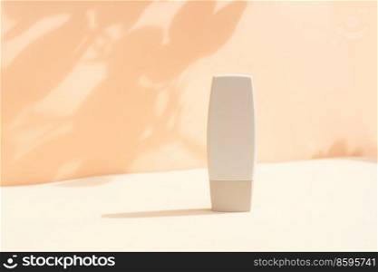 Minimal modern cosmetic product display on textured beige background with shadow overlay. Minimal product display