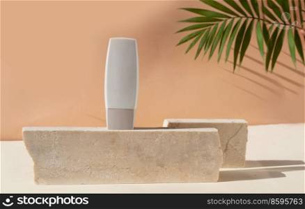 Minimal modern cosmetic products display with one tube on beige background with shadow overlay. Minimal product display