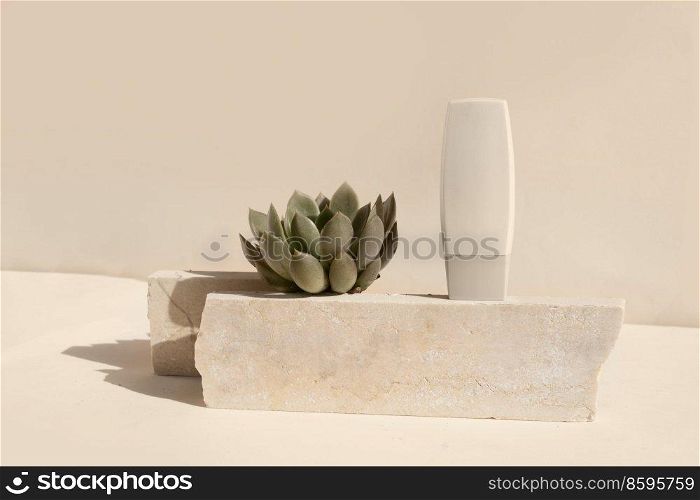 Minimal modern cosmetic products display with one tube on beige background with succulent plant, toned. Minimal product display