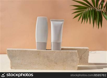 Minimal modern cosmetic products display with two tubes on beige background with shadow overlay. Minimal product display