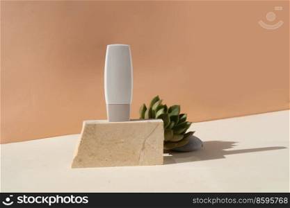 Minimal modern cosmetic products display with two tubes on beige background with succulent. Minimal product display