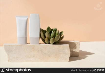 Minimal modern cosmetic products display with two tubes on beige background with succulunt plant. Minimal product display