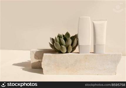 Minimal modern cosmetic products display with two tubes on beige background with succulunt plant, toned. Minimal product display