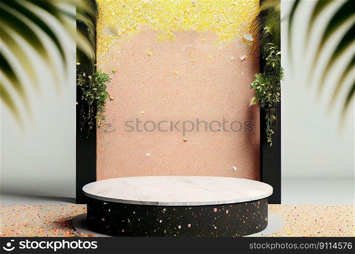 Minimal modern product display cosmetic products, empty scene Cylindrical podium with green leaves products presentation, Generative AI