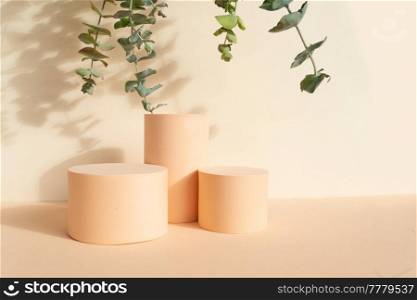 Minimal modern product display on beige background with podium and fresh eucaliptus leaves. Minimal product display