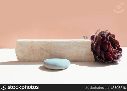 Minimal modern product display on beige background with podium with shadows. Minimal product display