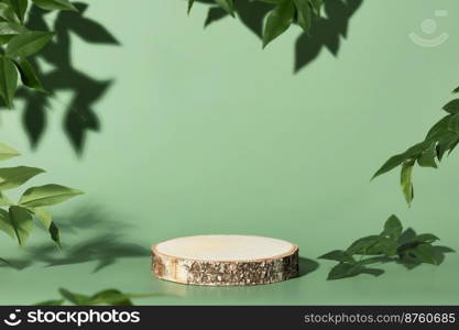 Minimal modern product display on green background. Wood slice podium and green leaves. Concept scene stage showcase for new product, promotion sale, banner, presentation, cosmetic