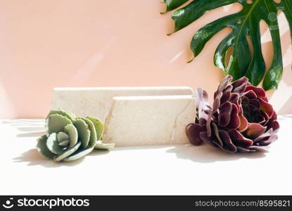 Minimal modern product display on nautral beige background with podium with shadows. Minimal product display