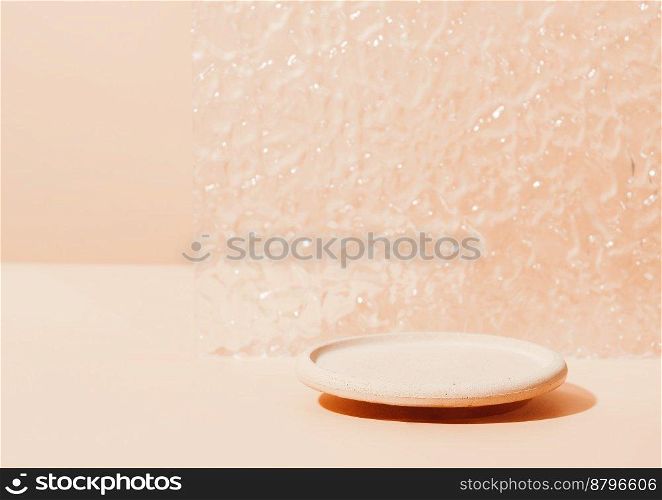 Minimal modern product display on neutral beige background. round concrete podium and glass door. Concept scene stage showcase for new product, promotion sale, presentation. Minimal modern product display on neutral beige background. round concrete podium and glass door. Concept scene stage showcase for new product, promotion sale, presentation.