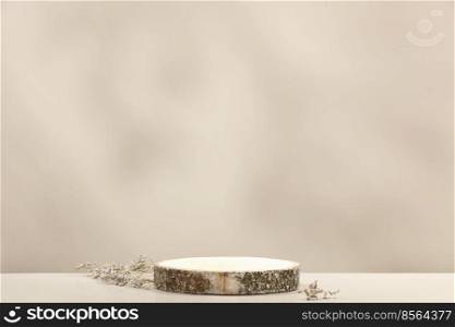 Minimal modern product display on neutral beige background. Wood slice podium and dry flowers. Concept scene stage showcase for new product, promotion sale, banner, presentation, cosmetic