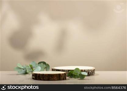 Minimal modern product display on neutral beige background. Wood slice podium and green leaves. Concept scene stage showcase for new product, promotion sale, banner, presentation, cosmetic