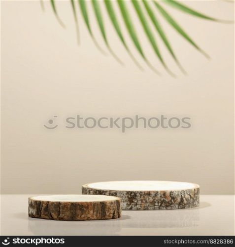Minimal modern product display on neutral beige background. Wood slice podiums and green leaves. Concept scene stage showcase for new product, promotion sale, banner, presentation, cosmetic. Wood slice podiums on beige background for cosmetic product mockup