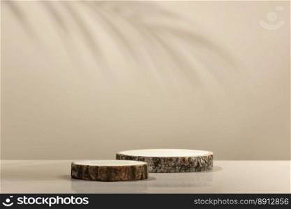 Minimal modern product display on neutral beige background. Wood slice podiums and leaves shadow. Concept scene stage showcase for new product, promotion sale, banner, presentation, cosmetic