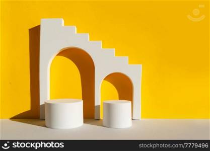 Minimal modern product display on ultimate gray and illuminating yellow background with shadows. Minimal product display