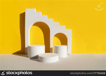 Minimal modern product display on ultimate gray and illuminating yellow background with shadows. Minimal product display
