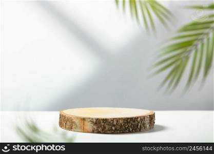 Minimal modern product display on white background. Wood slice podium and green tropical leaves. Concept scene stage showcase for new product, promotion sale, banner, presentation, cosmetic