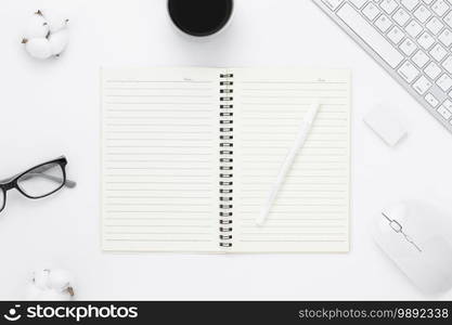 Minimal Office desk table top view with open notebook blank pages, Keyboard computer, mouse, coffee cup on a white table with copy space, White color workplace composition, flat lay