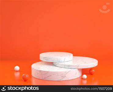 Minimal podium clean marble with red lava background, 3d illustration.