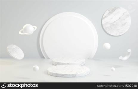 Minimal podium clean marble with universe background, 3d illustration.