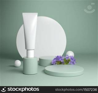 Minimal Podium Packaging Cosmetic Set With Violet Flower And Sage Green Background 3d Render
