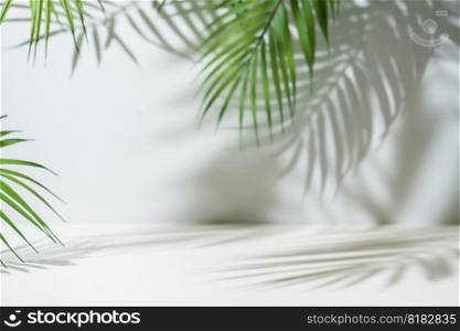 Minimal product placement background with palm shadow on plaster wall. Luxury summer architecture interior aesthetic. Creative product platform stage mockup.. background with palm shadow
