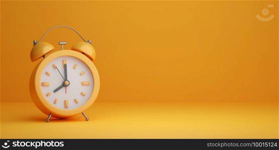 Minimal realistic alarm clock on yellow background, 3d illustration