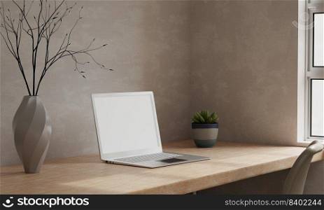 Minimal Scandinavian home working space interior design with blank laptop computer mockup and accessories on wooden table over the wall. 3d rendering