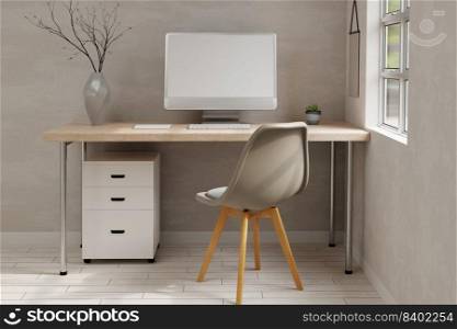 Minimal Scandinavian home working space interior design with blank PC desktop computer mockup and accessories on wooden table over the wall. 3d rendering