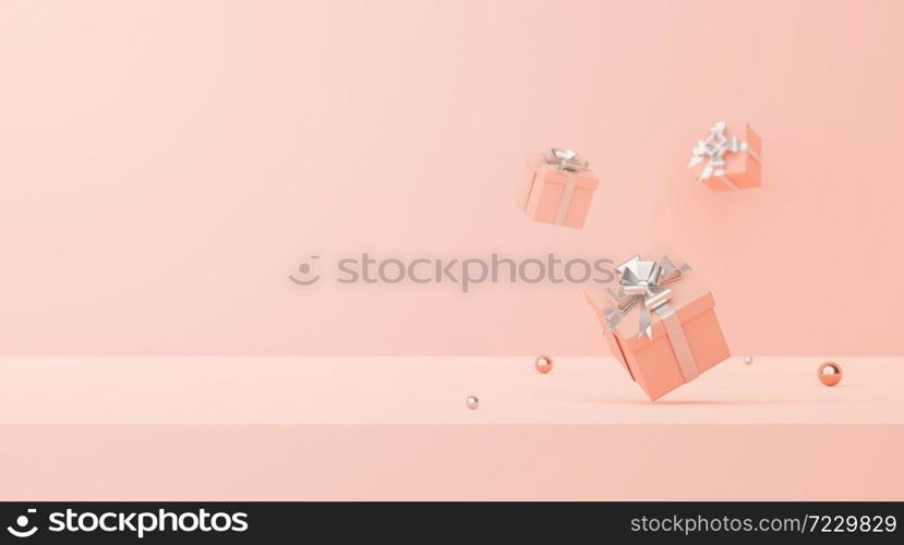 Minimal scene of pastel color gifts box with silver ribbon on a pink background with copy space, 3d rendering