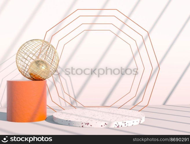 Minimal scene with geometrical forms, podiums in cream background with shadows. Scene to show cosmetic product, 3d. Minimal scene with geometrical forms, podiums in cream background with shadows. Scene to show cosmetic product, Showcase, shopfront, display case. 3d