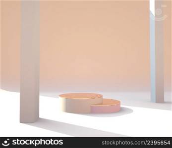 minimal scene with geometrical forms, podiums in cream background with sun light. Scene to show cosmetic product, 3d. minimal scene with geometrical forms, podiums in cream background with sun light. Scene to show cosmetic product, Showcase, shopfront, display case. 3d