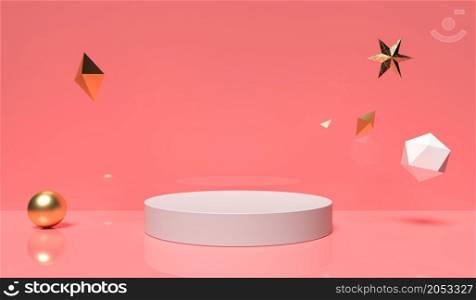 minimal scene with geometrical. White Cylinder podiums in soft pink or red background. Scene to show cosmetic product, Showcase, Abstract geometry concept, display case. 3d rendering illustration