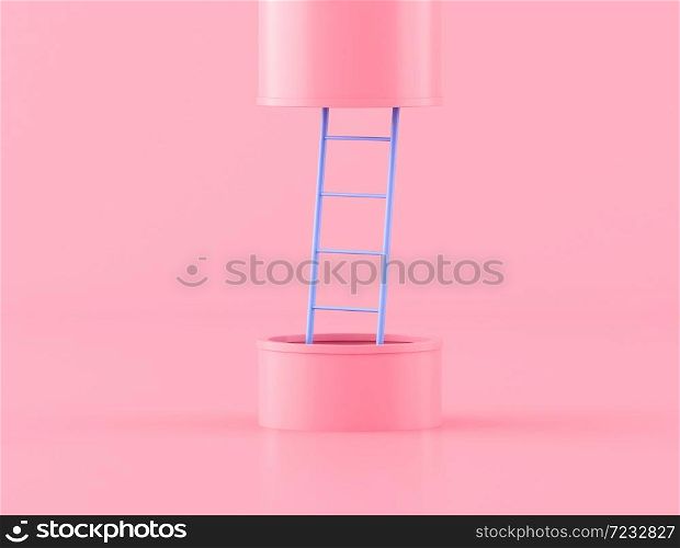 Minimal style blue ladder in pink pipe,concept idea, way out. 3D rendering.