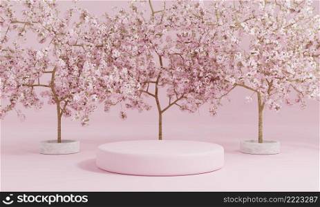 Minimal style cylinder pink product podium showcase with cherry blossom tree or  Sakura  in Japanese language at public garden. Technology and object concept. 3D illustration rendering