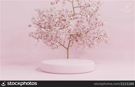 Minimal style cylinder pink product podium showcase with cherry blossom tree or  Sakura  in Japanese language at public garden. Technology and object concept. 3D illustration rendering