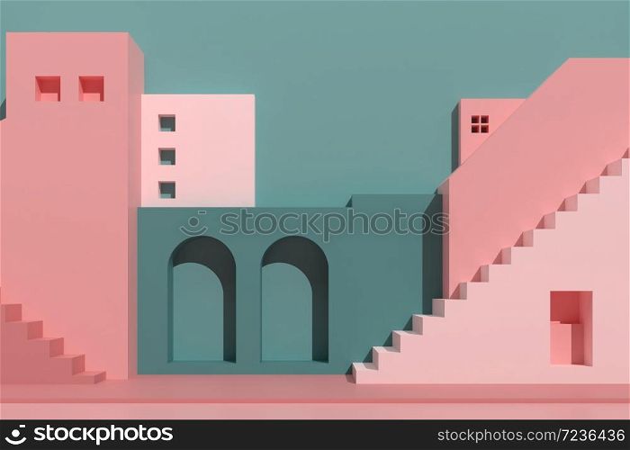 Minimal style of architectural buildings with stairs and arches, housing on pastel color background, presentation,shade and shadow. 3D rendering.