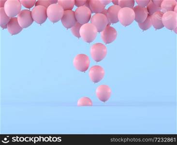 Minimal style pink color balloons floating out from the floor on blue background. 3D rendering.