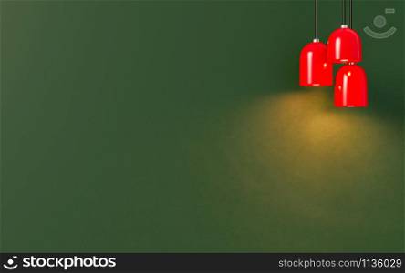 Minimal style. Red lamp with light on green background. 3D Illustration.