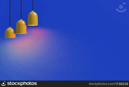Minimal style. Yellow lamp with light on blue background. 3D Illustration.