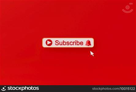 Minimal subscribe button on red background, 3d rendering