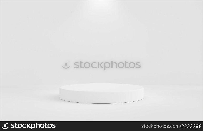 Minimal white podium with background wall and spotlight. Abstract and object for advertising concept. 3D illustration rendering