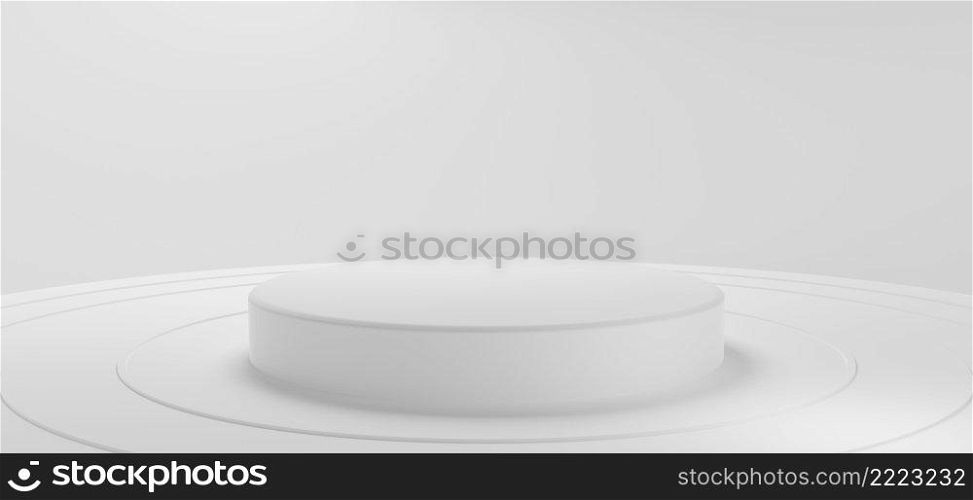 Minimal white round product podium showcase stage on circular background. Abstract object and business advertising concept. 3D illustration rendering