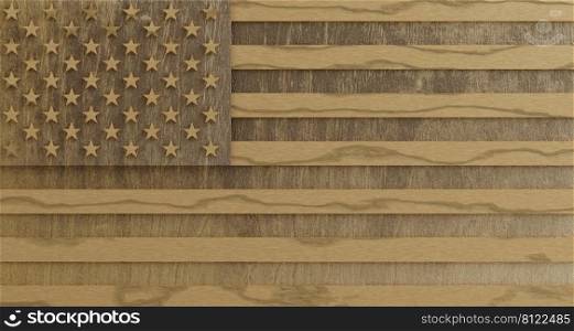 Minimal wooden national flag of the United States of America with 50 stars and 13 horizontal alternating stripes wood texture 3D rendering illustration