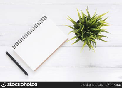 Minimal work space - Creative flat lay photo of workspace desk. White office desk wooden table background with open mock up notebooks and pens and plant. Top view with copy space, flat lay photography.