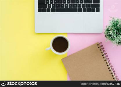 Minimal work space - Creative flat lay photo of workspace desk. . Minimal work space - Creative flat lay photo of workspace desk. Top view office desk with laptop, notebooks and coffee cup on pastel color background. Top view with copy space, flat lay photography.